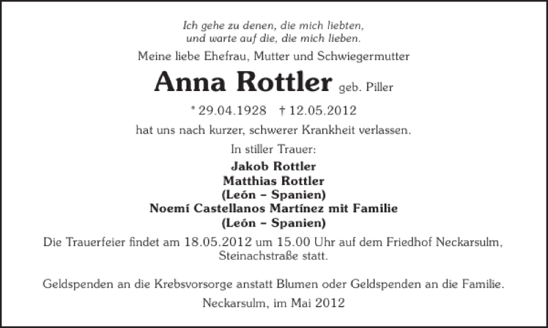  Traueranzeige für Rottler Anna vom 16.05.2012 aus 