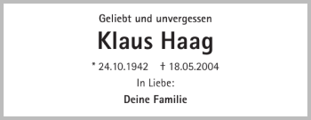 Traueranzeige von Klaus Haag 