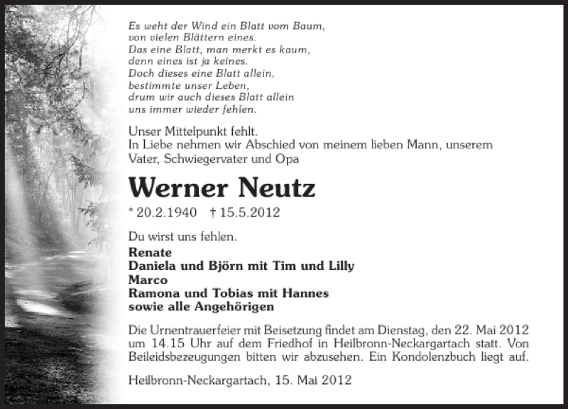  Traueranzeige für Werner Neutz vom 18.05.2012 aus 