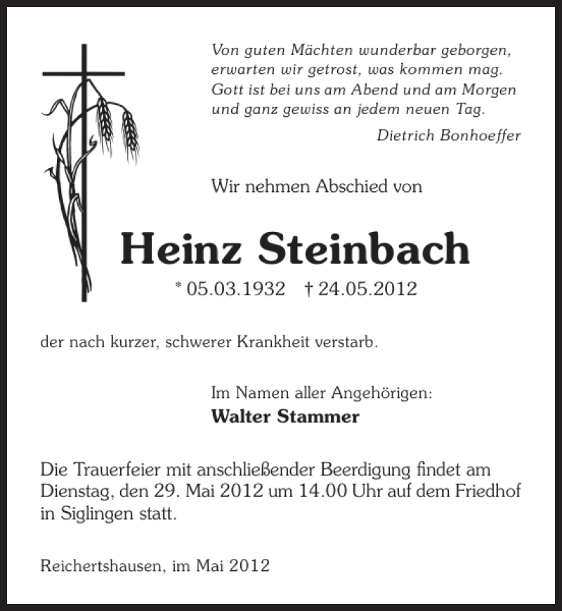  Traueranzeige für Heinz Steinbach vom 26.05.2012 aus 