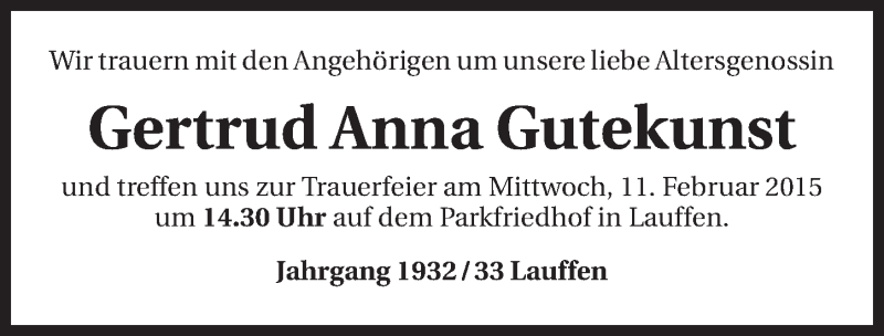  Traueranzeige für Gertrud Anna Gutekunst vom 09.02.2015 aus 