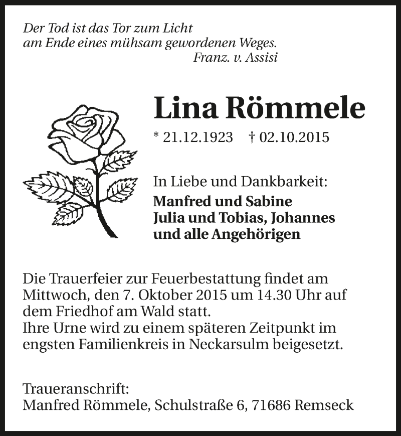  Traueranzeige für Lina Römmele vom 06.10.2015 aus 