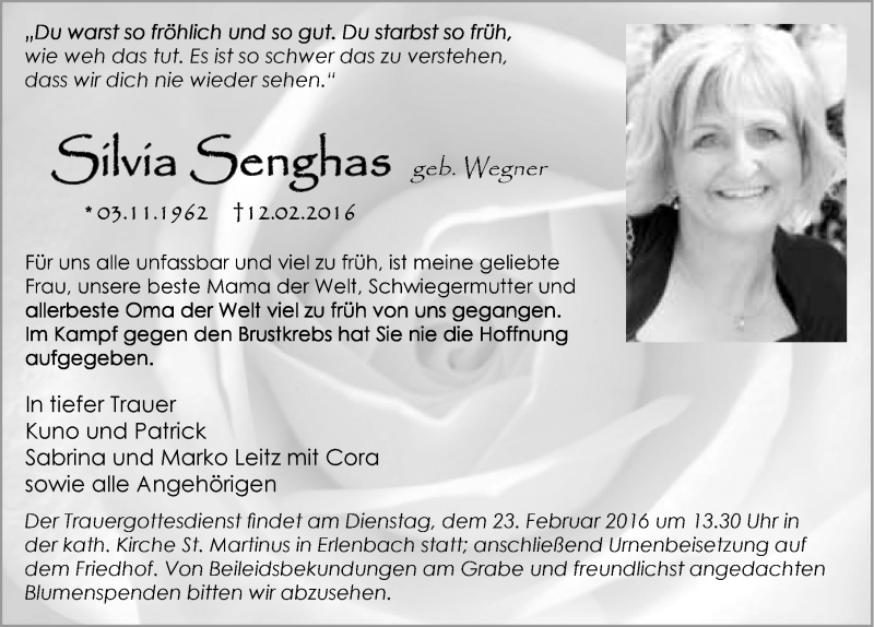  Traueranzeige für Silvia Senghas vom 18.02.2016 aus 