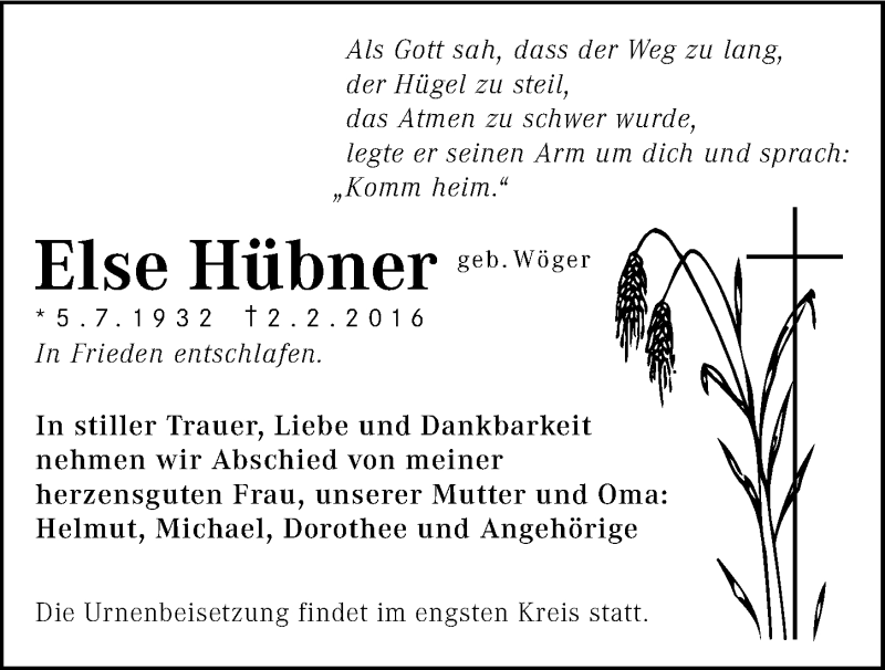  Traueranzeige für Else Hübner vom 15.02.2016 aus 