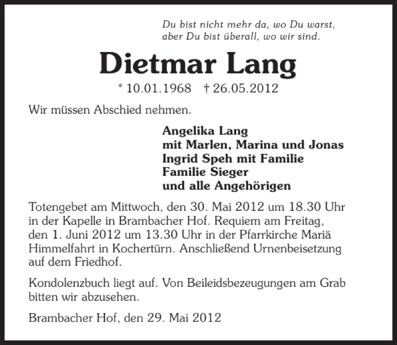  Traueranzeige für Dietmar Lang vom 30.05.2012 aus 