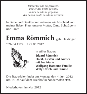 Traueranzeige von Römmich Emma 