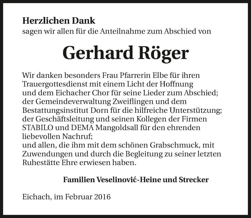  Traueranzeige für Gerhard Röger vom 11.02.2016 aus 