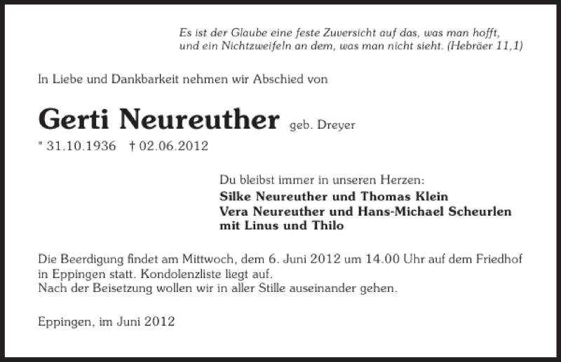  Traueranzeige für Neureuther Gerti vom 05.06.2012 aus 