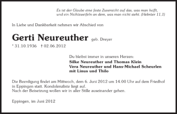 Traueranzeige von Neureuther Gerti 