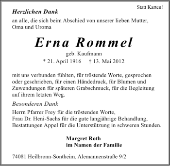 Traueranzeige von Erna Rommel 
