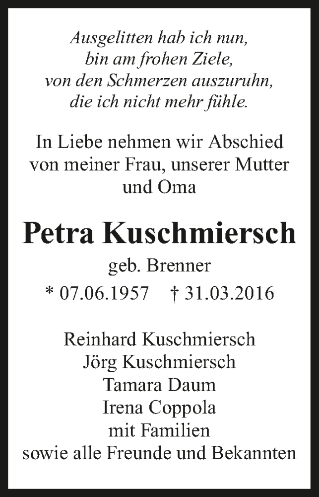  Traueranzeige für Petra Kuschmiersch vom 09.04.2016 aus 