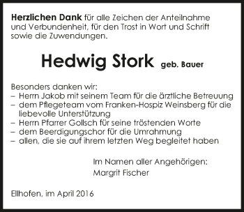 Traueranzeige von Hedwig Stork 