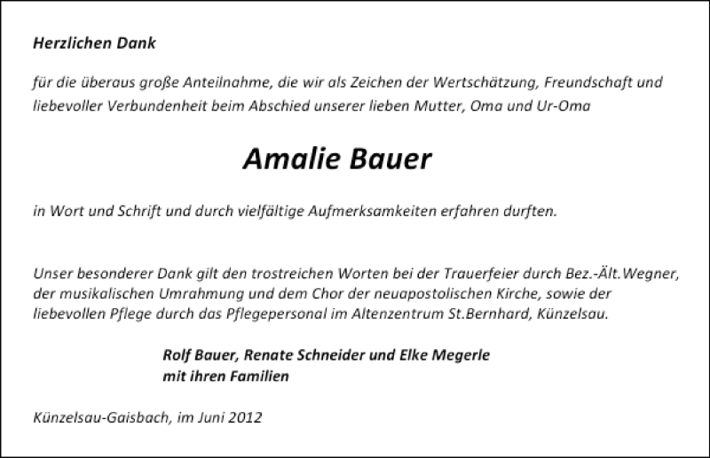  Traueranzeige für Amalie Bauer vom 09.06.2012 aus 
