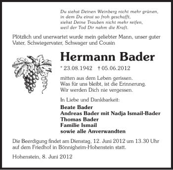 Traueranzeige von Hermann Bader 