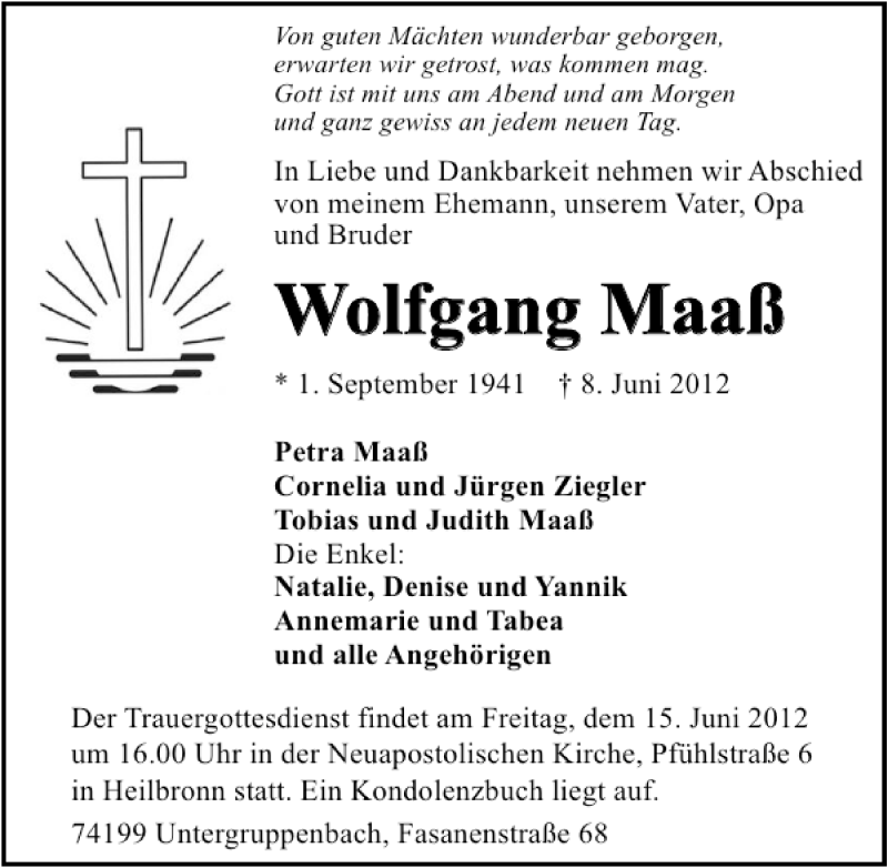  Traueranzeige für Wolfgang Maaß vom 09.06.2012 aus 