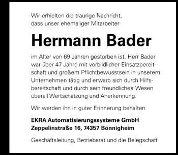 Traueranzeige von Hermann Bader 