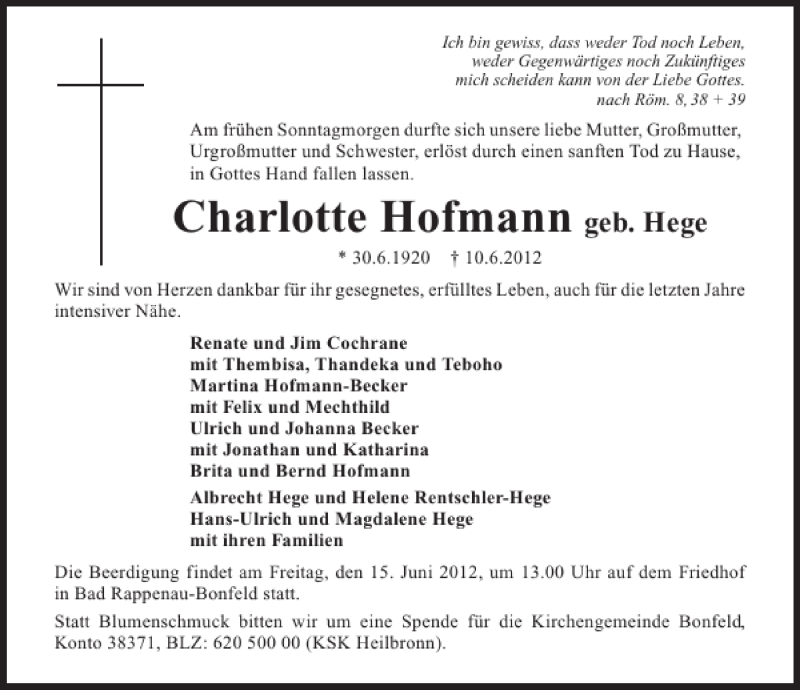  Traueranzeige für Charlotte Hofmann vom 12.06.2012 aus 