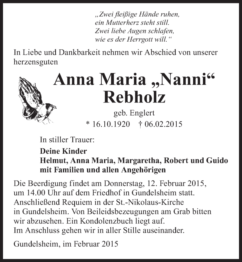  Traueranzeige für Anna Maria Rebholz vom 10.02.2015 aus 