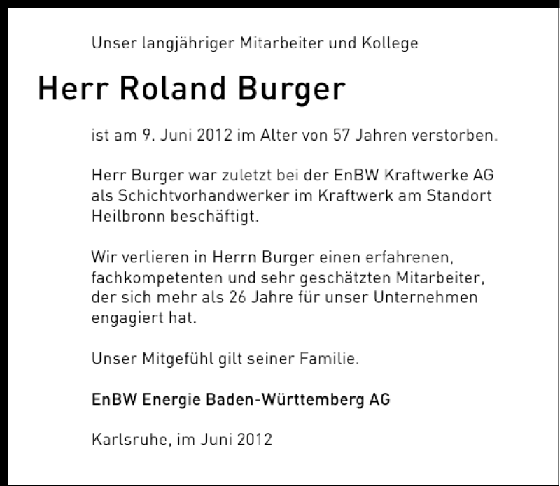  Traueranzeige für Roland Burger vom 13.06.2012 aus 