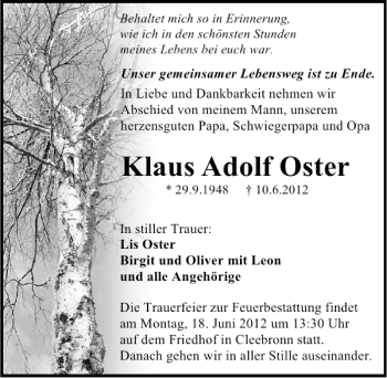 Traueranzeige von Klaus Adolf Oster 