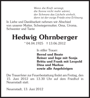 Traueranzeige von Hedwig Ohrnberger 