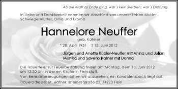 Traueranzeige von Hannelore Neuffer 