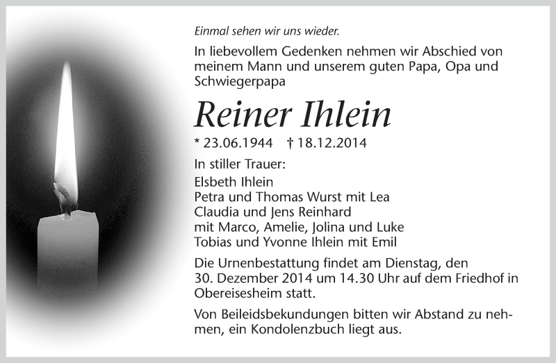  Traueranzeige für Reiner Ihlein vom 24.12.2014 aus 