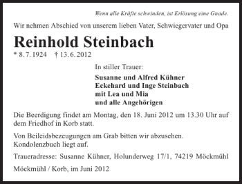 Traueranzeige von Reinhold Steinbach 