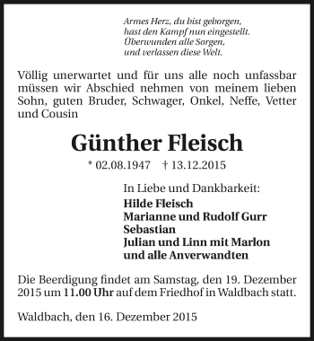 Traueranzeige von Günther Fleisch 