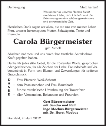 Traueranzeige von Carola geb. Scholl Bürgermeister 