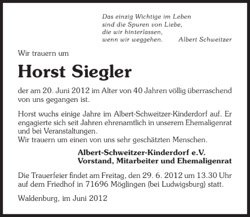  Traueranzeige für Horst Siegler vom 25.06.2012 aus 
