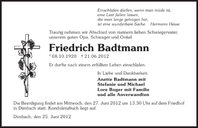  Traueranzeige für Friedrich Badtmann vom 25.06.2012 aus 