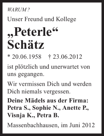 Traueranzeige von Peterle Schätz 