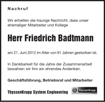Traueranzeige von Friedrich Badtmann 
