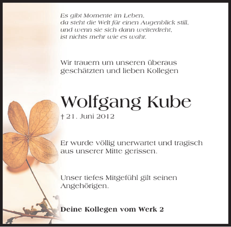  Traueranzeige für Wolfgang Kube vom 28.06.2012 aus 