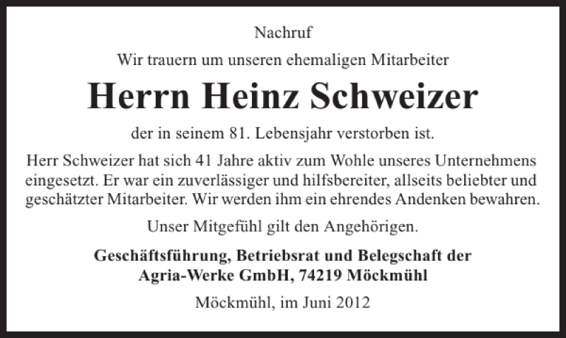  Traueranzeige für Heinz Schweizer vom 29.06.2012 aus 