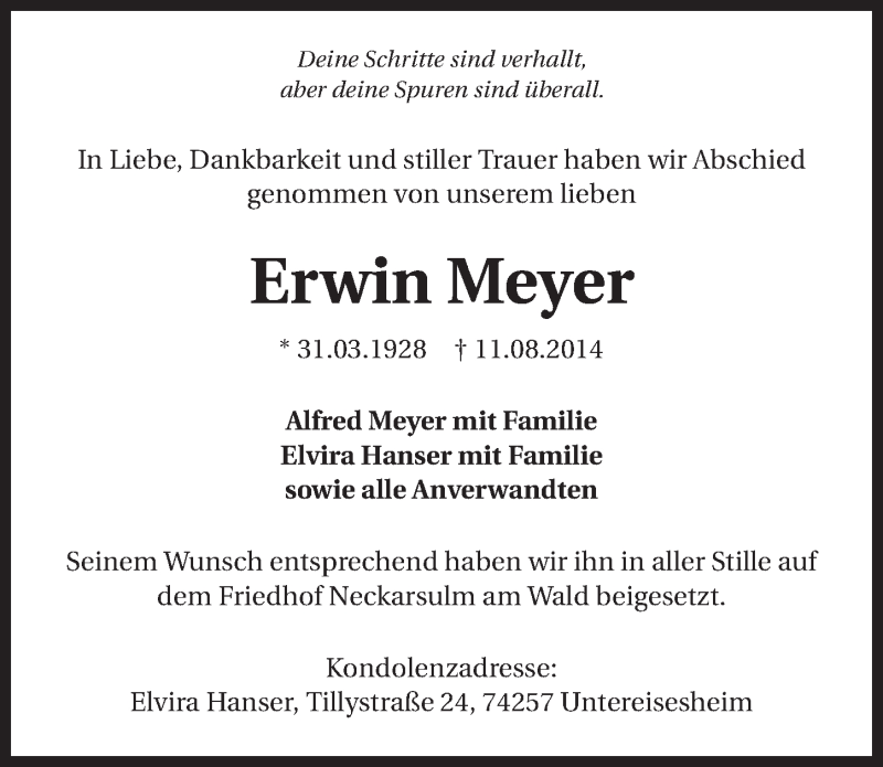  Traueranzeige für Erwin Meyer vom 20.08.2014 aus 