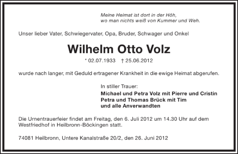  Traueranzeige für Wilhelm Otto Volz vom 30.06.2012 aus 
