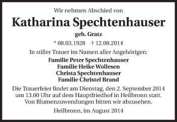 Traueranzeige von Katharina Spechtenhauser 