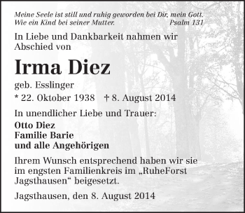 Traueranzeige von Irma Diez 