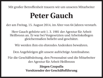 Traueranzeige von Peter Gauch 