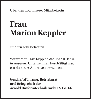 Traueranzeige von Marion Keppler 