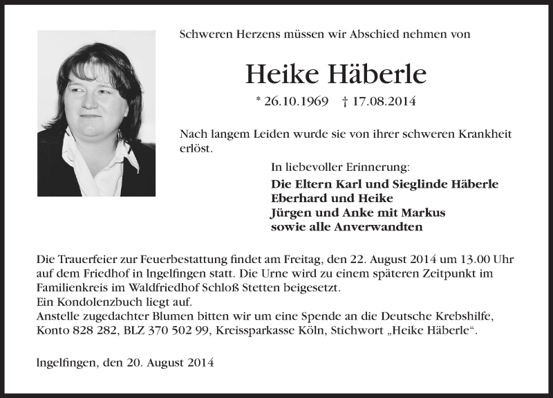  Traueranzeige für Heike Häberle vom 20.08.2014 aus 