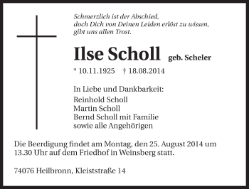 Traueranzeige von Ilse Scholl 
