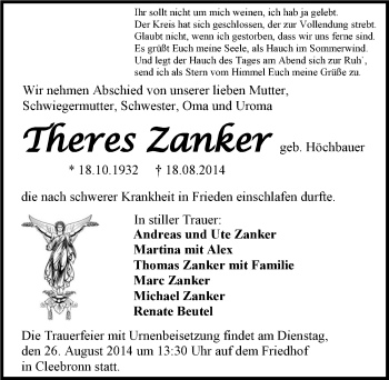 Traueranzeige von Theres Zanker 