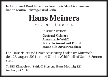 Traueranzeige von Hans Meiners 