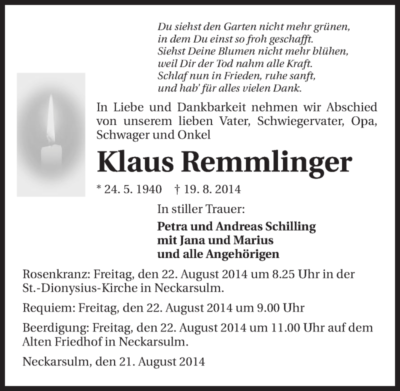 Traueranzeige für Klaus Remmlinger vom 21.08.2014 aus 