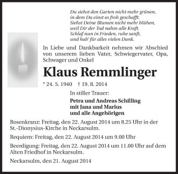 Traueranzeige von Klaus Remmlinger 
