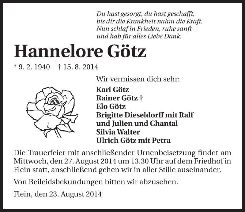  Traueranzeige für Hannelore Götz vom 23.08.2014 aus 