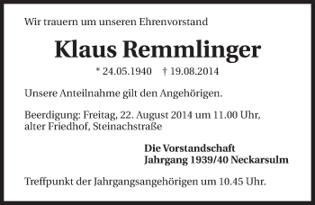 Traueranzeige von Klaus Remmlinger 